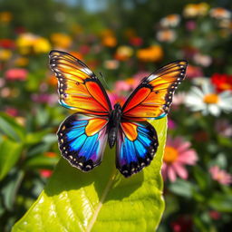 A close-up view of a vibrant, iridescent butterfly resting on a bright green leaf