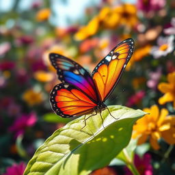 A close-up view of a vibrant, iridescent butterfly resting on a bright green leaf