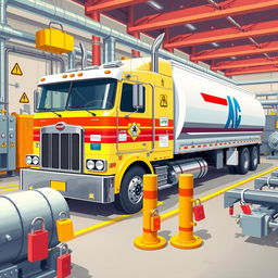 A highly detailed illustration of an 18-wheeler truck designed for transporting hazardous chemicals