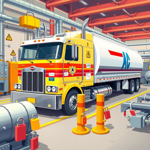 A highly detailed illustration of an 18-wheeler truck designed for transporting hazardous chemicals