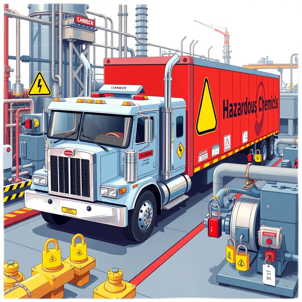 A highly detailed illustration of an 18-wheeler truck designed for transporting hazardous chemicals