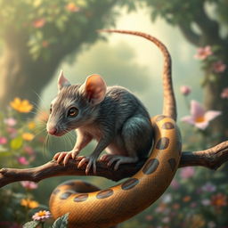 A fantastical creature that combines features of a rat and a snake, showcasing the rat's furry body and whiskers merged with the snake's slick scales and elongated tail