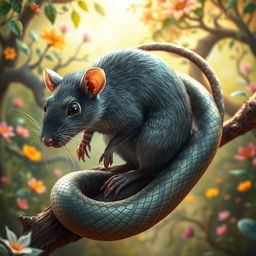 A fantastical creature that combines features of a rat and a snake, showcasing the rat's furry body and whiskers merged with the snake's slick scales and elongated tail