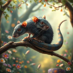 A fantastical creature that combines features of a rat and a snake, showcasing the rat's furry body and whiskers merged with the snake's slick scales and elongated tail