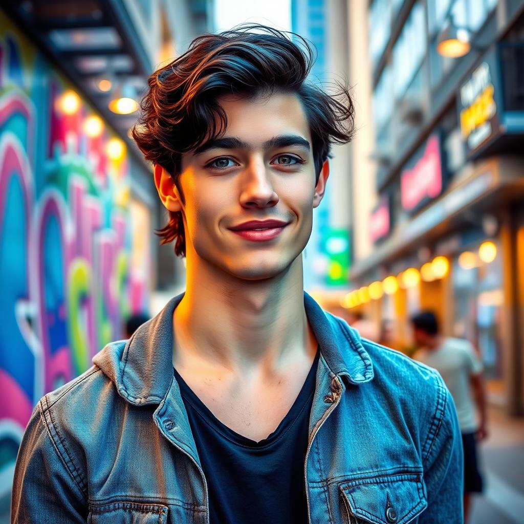 A handsome young man with striking features, deep blue eyes and wavy black hair, wearing a stylish casual outfit