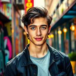 A handsome young man with striking features, deep blue eyes and wavy black hair, wearing a stylish casual outfit