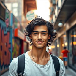 A handsome young man with striking features, deep blue eyes and wavy black hair, wearing a stylish casual outfit