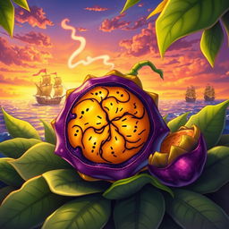 A vibrant and imaginative illustration of a fictional Devil Fruit, showcasing its unique features