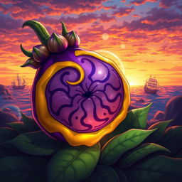 A vibrant and imaginative illustration of a fictional Devil Fruit, showcasing its unique features