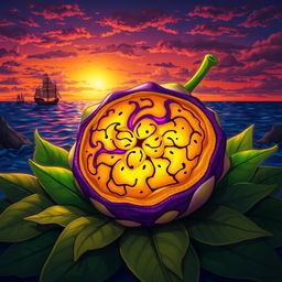 A vibrant and imaginative illustration of a fictional Devil Fruit, showcasing its unique features