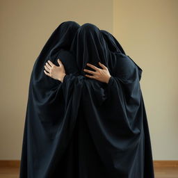 A touching scene featuring three figures in a warm embrace, all adorned in flowing black cloaks that symbolize modesty and respect