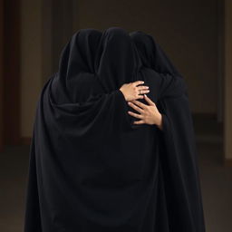 A touching scene featuring three figures in a warm embrace, all adorned in flowing black cloaks that symbolize modesty and respect