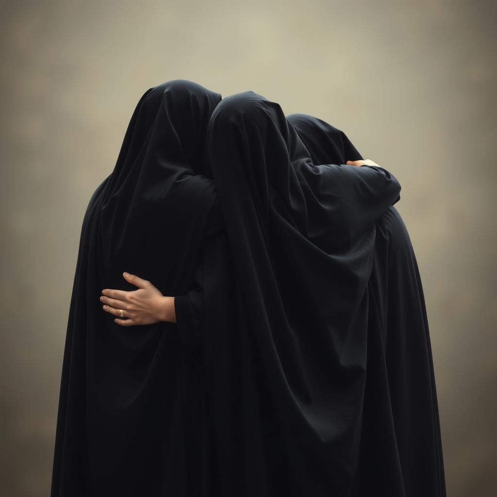 A touching scene featuring three figures in a warm embrace, all adorned in flowing black cloaks that symbolize modesty and respect