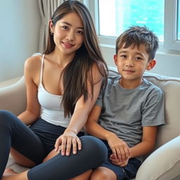 A beautiful young woman with a Korean idol-like face, approximately 18 years old, wearing a tank top and hot pants