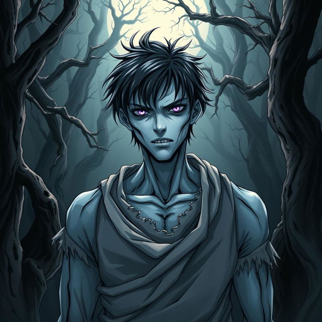 An engaging manga light novel series cover featuring a male undead zombie character with shaggy black hair and striking pale blue skin