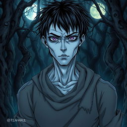An engaging manga light novel series cover featuring a male undead zombie character with shaggy black hair and striking pale blue skin