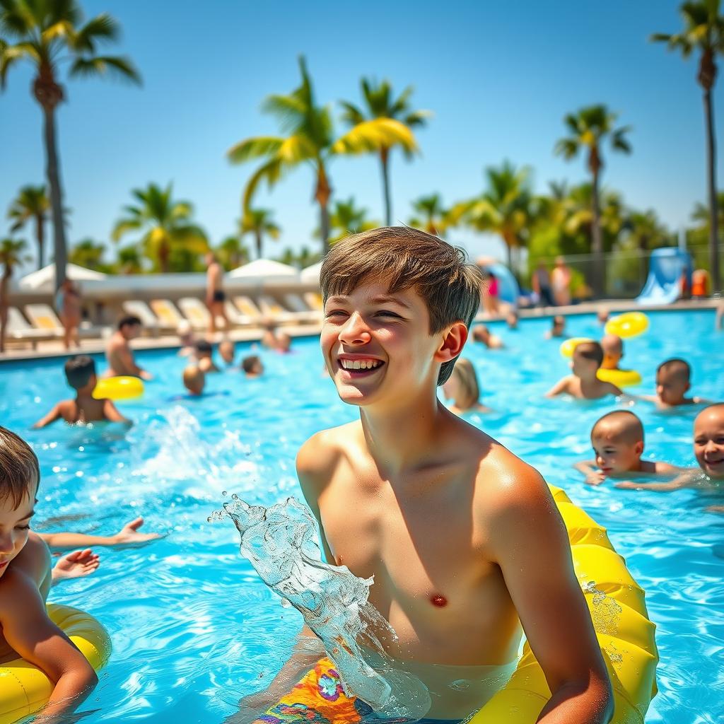 A vibrant and sunny scene at a public swimming pool, featuring a young teenage boy enjoying the water