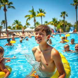 A vibrant and sunny scene at a public swimming pool, featuring a young teenage boy enjoying the water