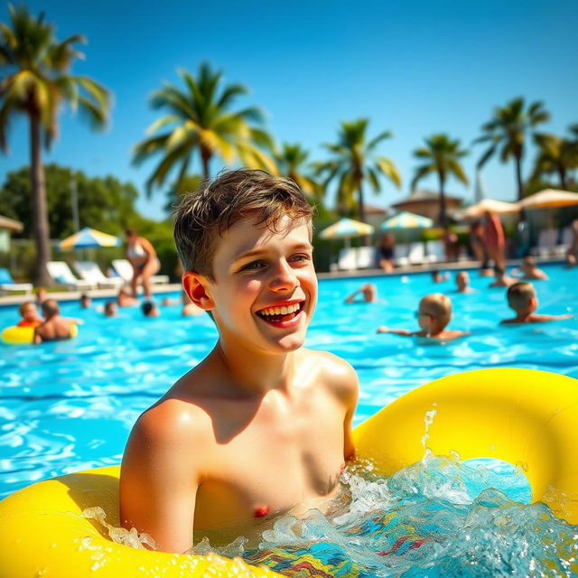 A vibrant and sunny scene at a public swimming pool, featuring a young teenage boy enjoying the water