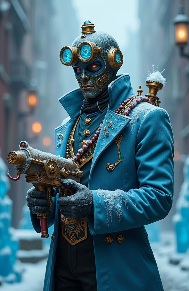 A steampunk interpretation of Mister Freeze, featuring an intricate, Victorian-inspired design