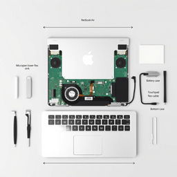 A detailed layout mockup of a MacBook Air 2011 A1369, showcasing the following elements in real dimensions for a template to print and assemble: The top cover with the display should be mounted with the adhesive side facing down, and the display panel facing up