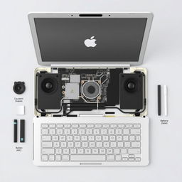 A detailed layout mockup of a MacBook Air 2011 A1369, showcasing the following elements in real dimensions for a template to print and assemble: The top cover with the display should be mounted with the adhesive side facing down, and the display panel facing up