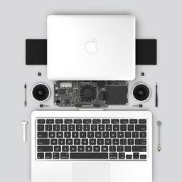 A detailed layout mockup of a MacBook Air 2011 A1369, showcasing the following elements in real dimensions for a template to print and assemble: The top cover with the display should be mounted with the adhesive side facing down, and the display panel facing up