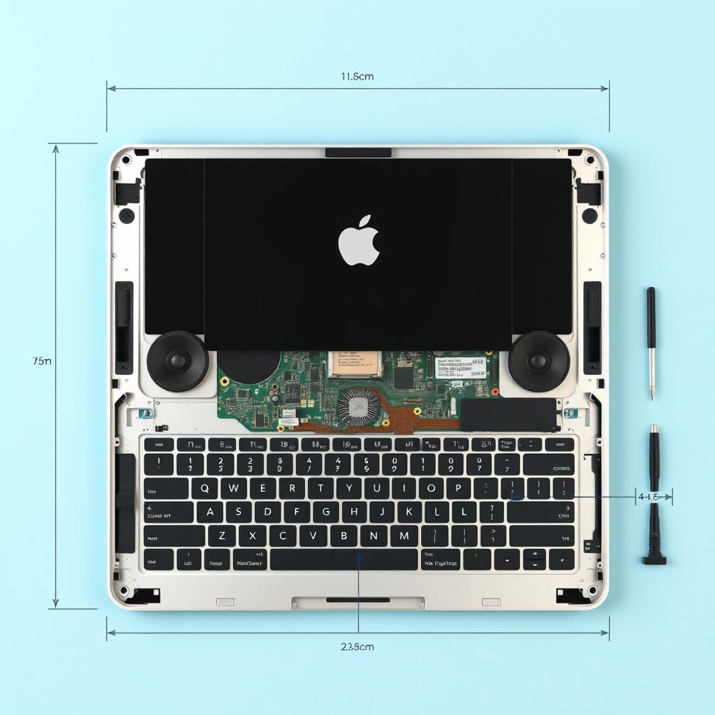 A detailed layout mockup of a MacBook Air 2011 A1369, showcasing the following elements in real dimensions for a template to print and assemble: The top cover with the display should be mounted with the adhesive side facing down, and the display panel facing up