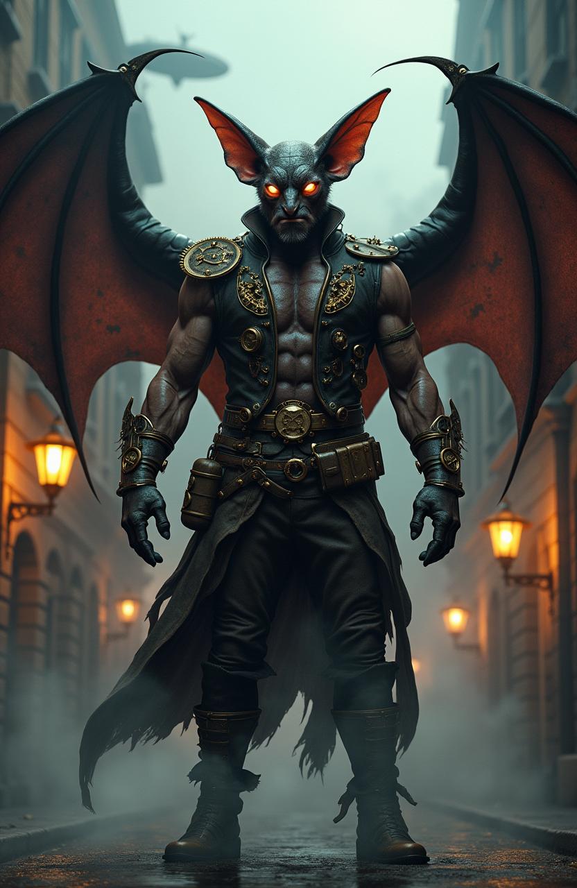 A steampunk version of Man-Bat, blending bat-like features with Victorian style