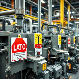 An industrial scene depicting heavy machinery in a chemical manufacturing facility, prominently featuring LOTO (Lockout/Tagout) signage visibly attached to the equipment