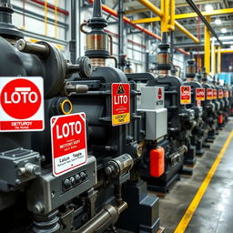 An industrial scene depicting heavy machinery in a chemical manufacturing facility, prominently featuring LOTO (Lockout/Tagout) signage visibly attached to the equipment