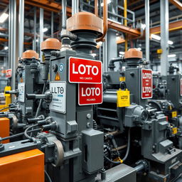 An industrial scene depicting heavy machinery in a chemical manufacturing facility, prominently featuring LOTO (Lockout/Tagout) signage visibly attached to the equipment