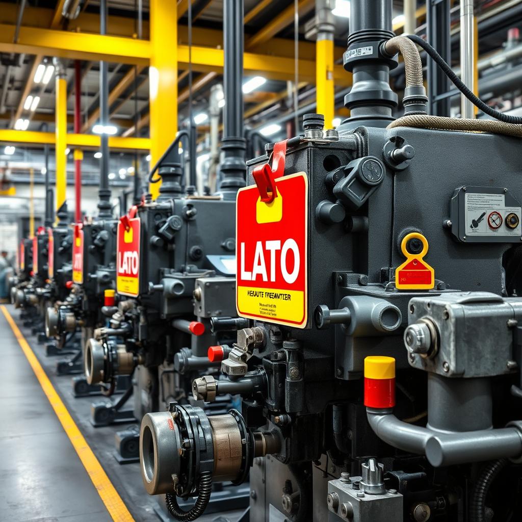 An industrial scene depicting heavy machinery in a chemical manufacturing facility, prominently featuring LOTO (Lockout/Tagout) signage visibly attached to the equipment