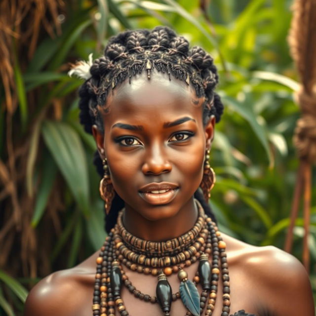 A stunning 25-year-old Black woman with a strong, confident presence, depicted in a natural, lush tribal setting