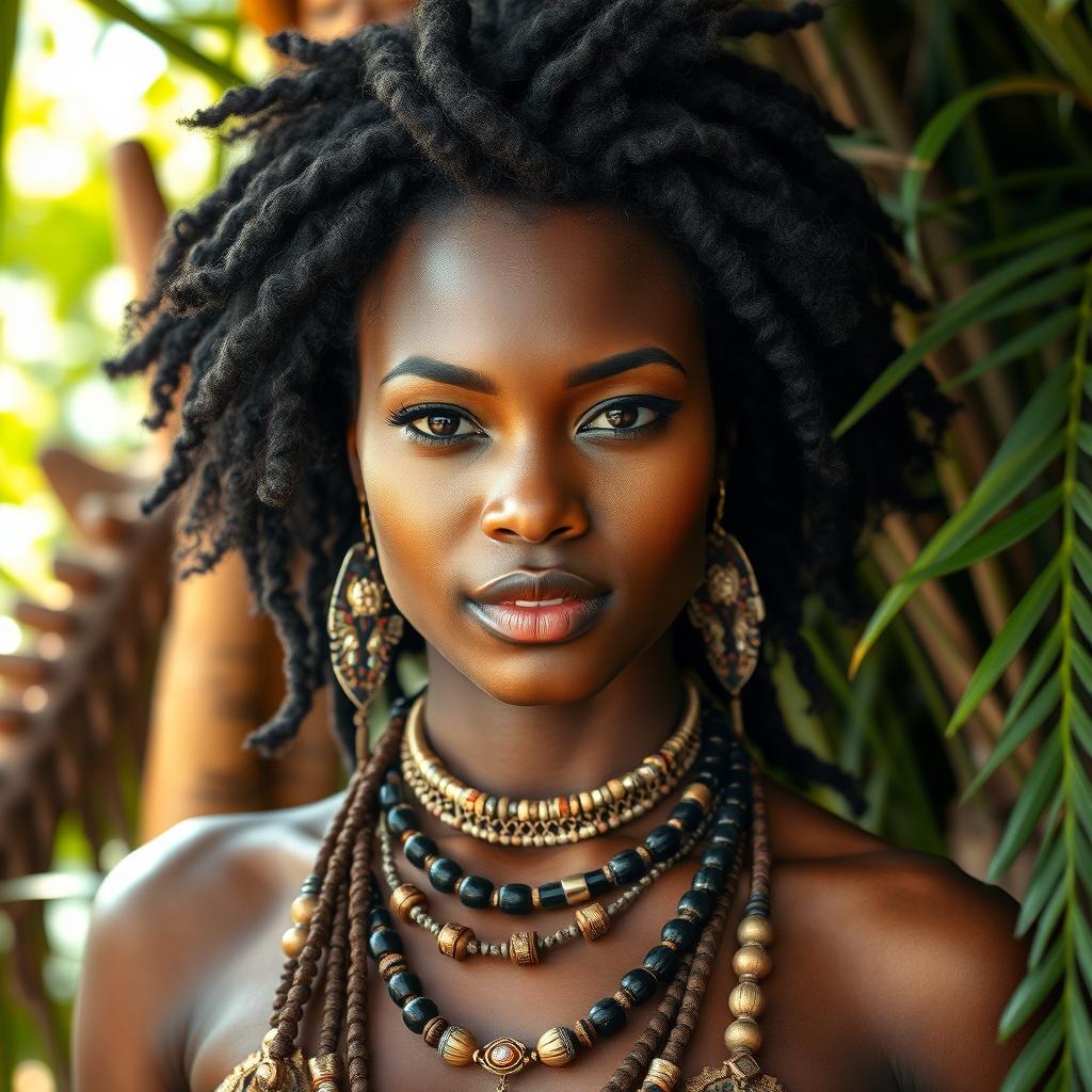 A stunning 25-year-old Black woman with a strong, confident presence, depicted in a natural, lush tribal setting