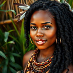 A stunning 25-year-old Black woman with a strong, confident presence, depicted in a natural, lush tribal setting