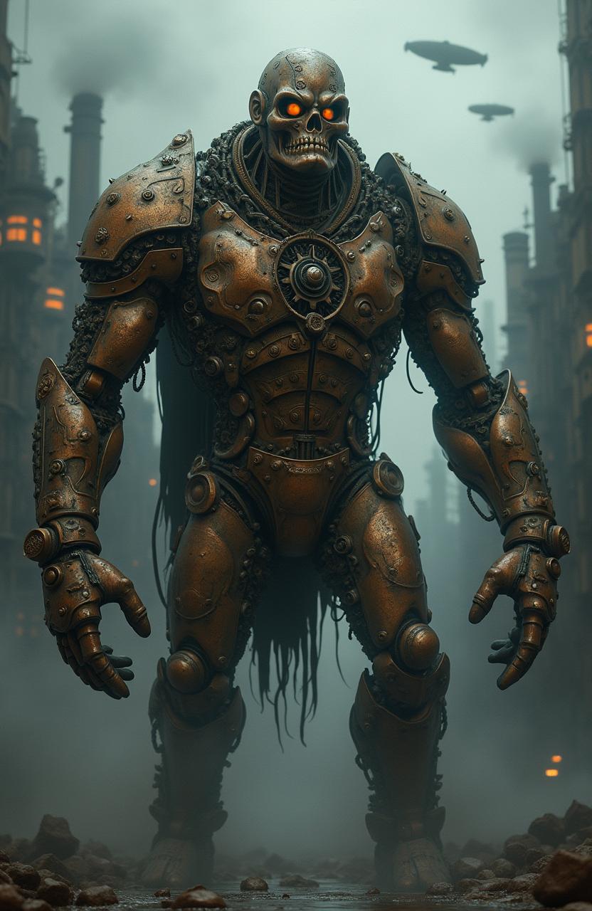 A steampunk version of Clayface, depicted as a massive figure made of intricate steampunk machinery and gears, giving a metallic and textured appearance