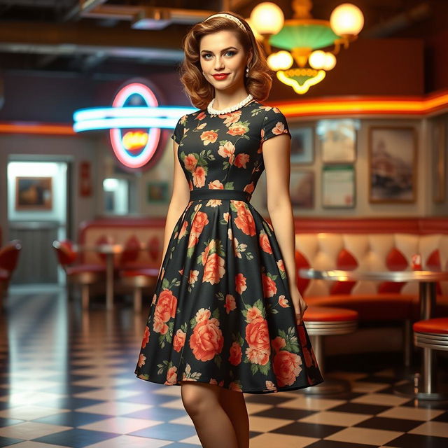 A stylish woman in 1950s fashion, wearing a classic knee-length swing dress with a fitted bodice and flared skirt, adorned with a colorful floral pattern