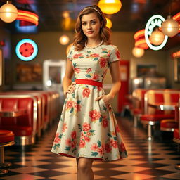 A stylish woman in 1950s fashion, wearing a classic knee-length swing dress with a fitted bodice and flared skirt, adorned with a colorful floral pattern