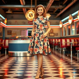 A stylish woman in 1950s fashion, wearing a classic knee-length swing dress with a fitted bodice and flared skirt, adorned with a colorful floral pattern