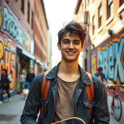 A 19-year-old young man standing confidently in a vibrant city street, wearing stylish casual clothing