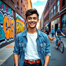 A 19-year-old young man standing confidently in a vibrant city street, wearing stylish casual clothing