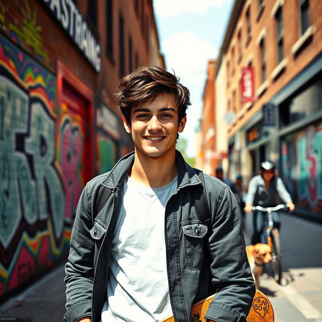 A 19-year-old young man standing confidently in a vibrant city street, wearing stylish casual clothing