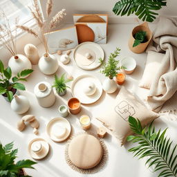 A beautifully arranged flat lay showcasing an array of stunning new home decor products for 2025, featuring elegant vases, modern tableware, artisanal candles, and plush cushions, all in a light, airy space filled with natural light
