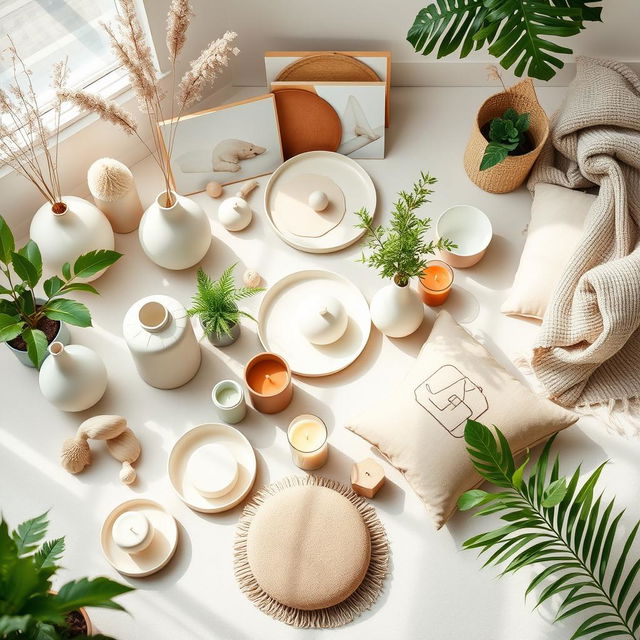 A beautifully arranged flat lay showcasing an array of stunning new home decor products for 2025, featuring elegant vases, modern tableware, artisanal candles, and plush cushions, all in a light, airy space filled with natural light