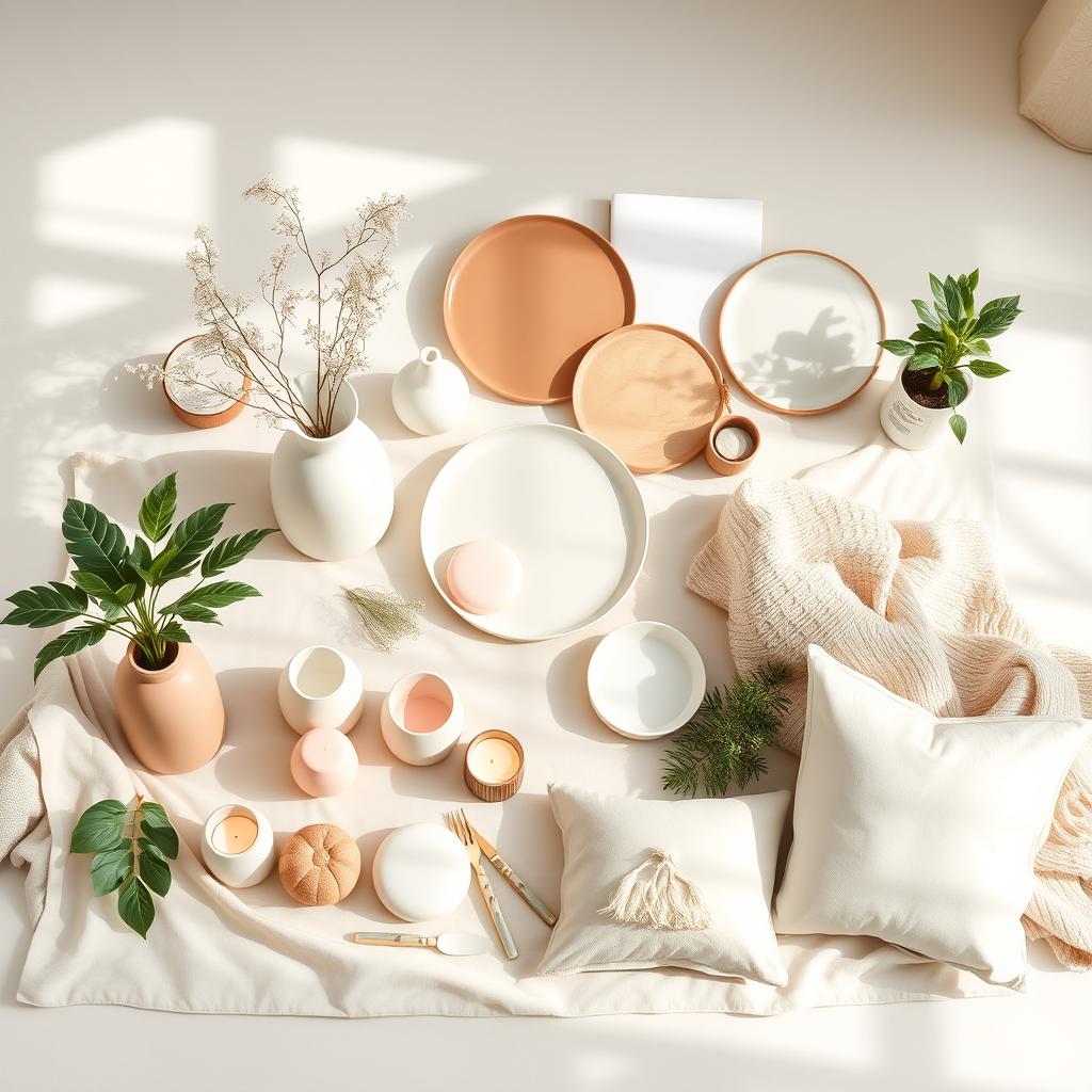 A beautifully arranged flat lay showcasing an array of stunning new home decor products for 2025, featuring elegant vases, modern tableware, artisanal candles, and plush cushions, all in a light, airy space filled with natural light