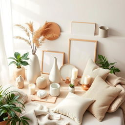 A beautifully arranged flat lay showcasing an array of stunning new home decor products for 2025, featuring elegant vases, modern tableware, artisanal candles, and plush cushions, all in a light, airy space filled with natural light