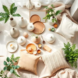 A beautifully arranged flat lay showcasing an array of stunning new home decor products for 2025, featuring elegant vases, modern tableware, artisanal candles, and plush cushions, all in a light, airy space filled with natural light