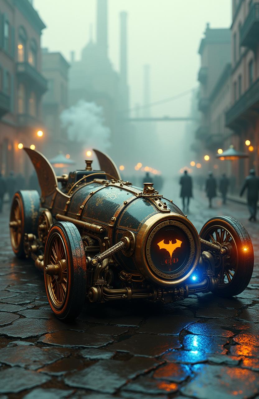 A steampunk version of the iconic Batmobile, featuring intricate brass gears and cogs exposed on the exterior, with large spoked wheels and a lengthy, sleek body reminiscent of Victorian elegance