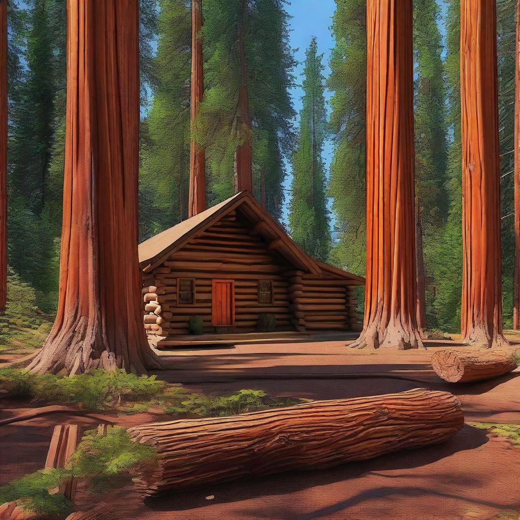 This is a digital art image showcasing a rustic log cabin nestled among towering sequoias